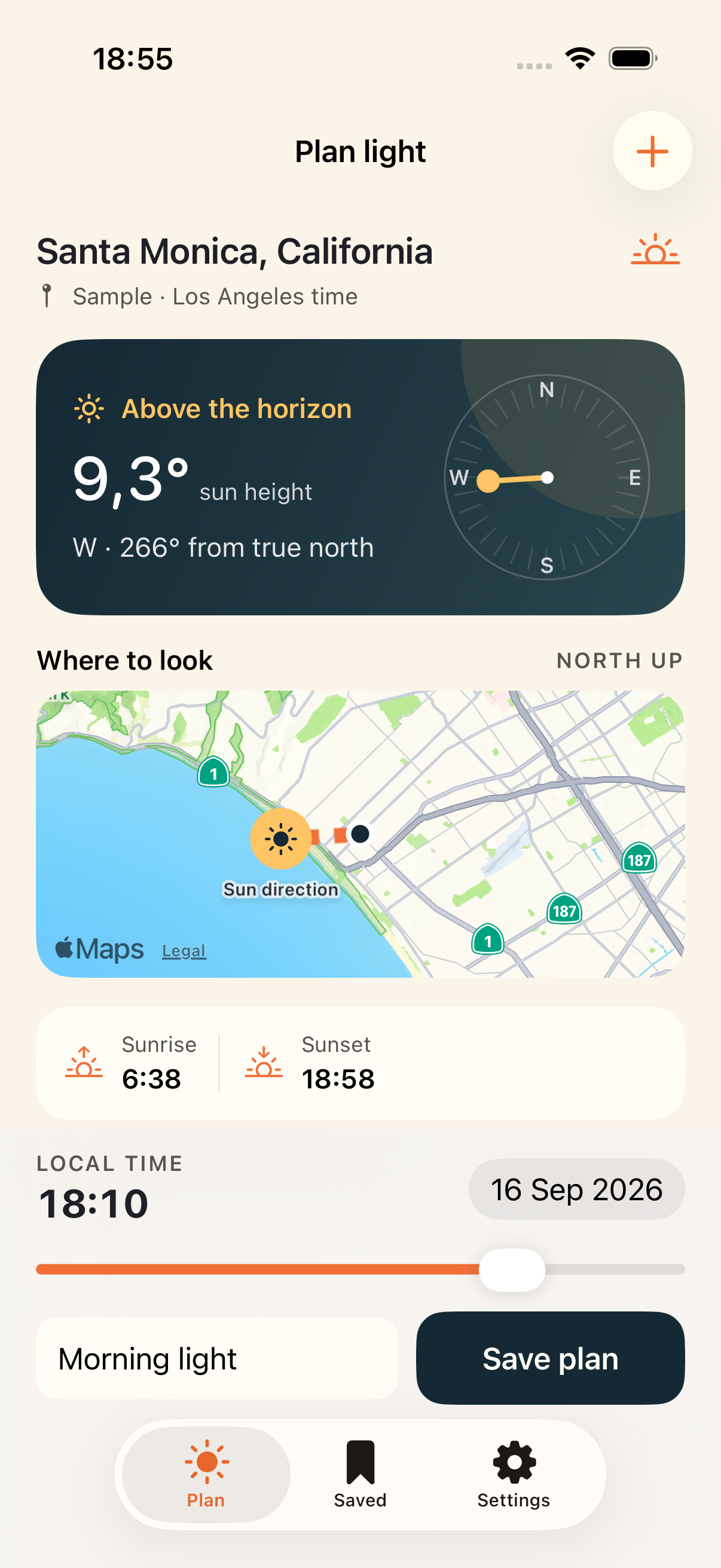 Plan Sunlight development preview: a Santa Monica sample showing sun height, westward direction on a map, sunrise and sunset, and a time slider.